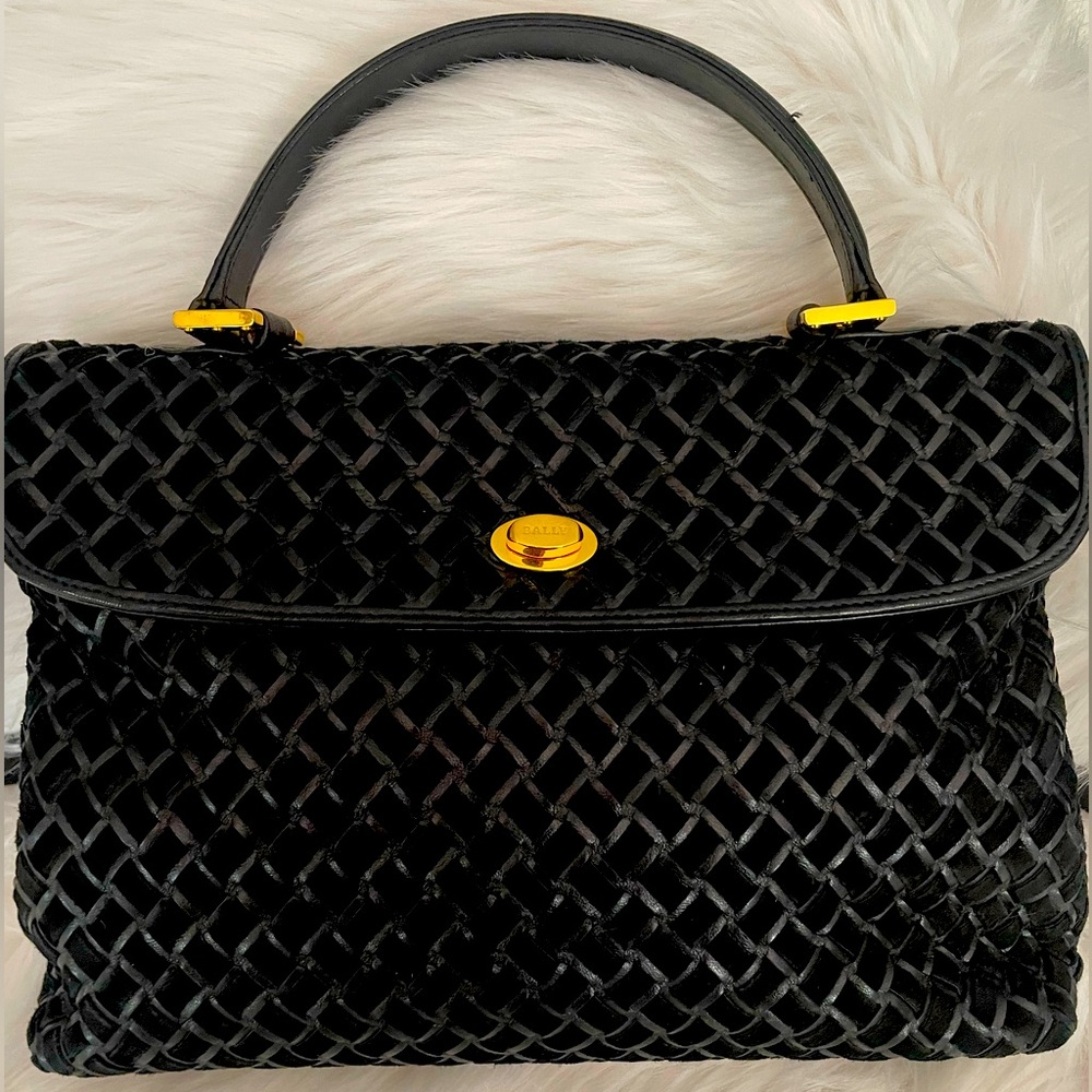 BALLY Logo Hand Bag Leather Black Gold Plated Made in Italy